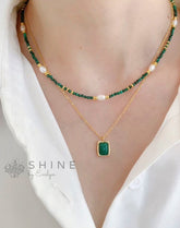Malachite Pearl Necklace Pendant Set - Shine by Evelyn - C0643S